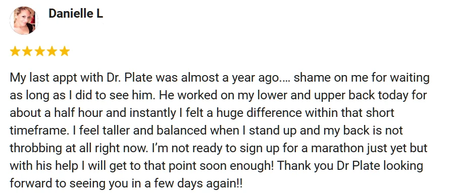 5-star Google review from Danielle praising Plate Chiropractic.