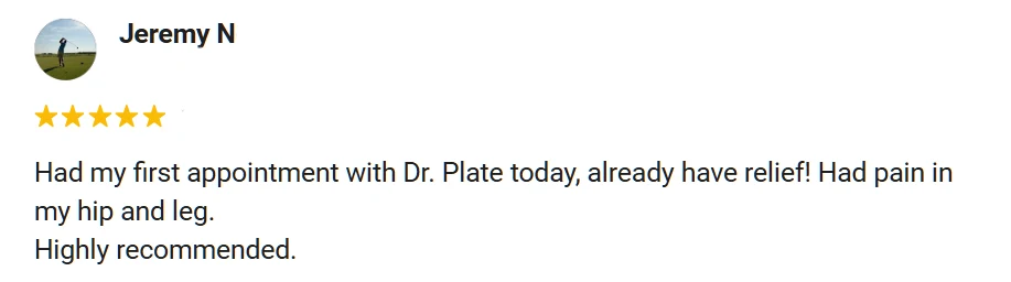 5-star Google review from Jeremy praising Plate Chiropractic.