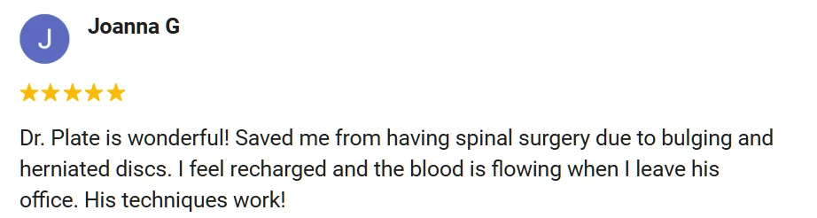 5-star Google review from Joanna praising Plate Chiropractic.