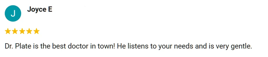 5-star Google review from Joyce praising Plate Chiropractic.