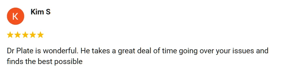 5-star Google review from Kim praising Plate Chiropractic.